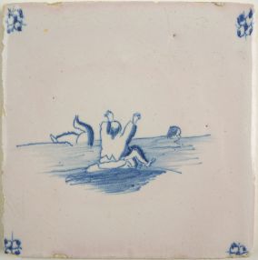 Antique Delft tile with a drowning scene, 18th century