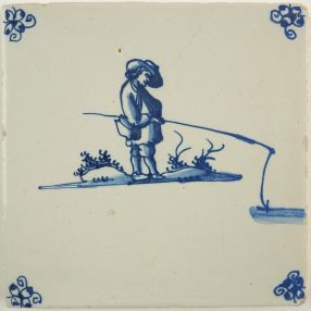 Antique Delft tile with a fisherman, 17th century