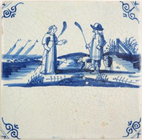 Antique Delft tile with shepherds, 17th century