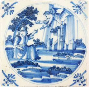 Antique Delft tile with a biblical scene, 18th century