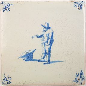 Antique Delft tile with a man with fish, 17th century