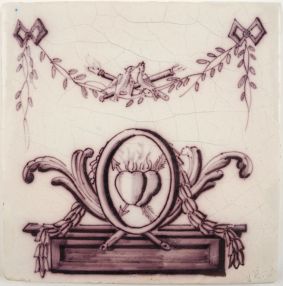 Antique Delft tile with two burning hearts, 19th century
