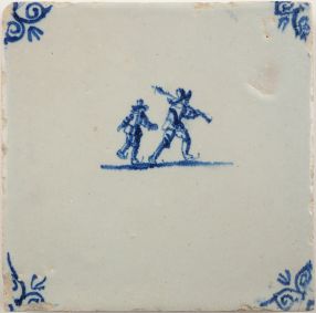 Antique Delft tile with two figures skating on ice, 17th century 