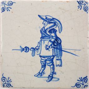 Antique Delft tile with a soldier, 17th century