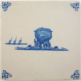 Antique Delft tile with a hay wagon, 18th century