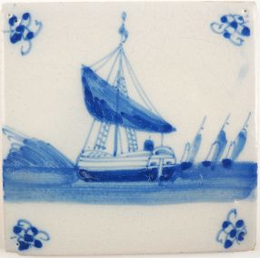 Antique Delft tile with a boat, 18th century