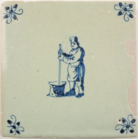 Antique Delft tile with a churner, 17th century