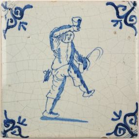 Antique Delft tile with a man celebrating life, 17th century