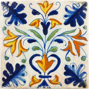 Antique Delft tile with flowers, 17th century