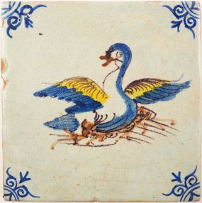 Antique Delft tile with a goose or swan, 17th century
