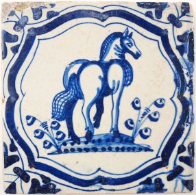 Antique Delft tile with a horse, 17th century