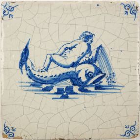 Antique Delft tile with putti on dolphin, 17th century