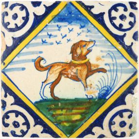 
Antique Delft tile with a dog, 17th century
