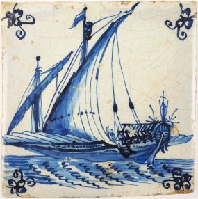 Antique Delft tile with a galley, 17th century