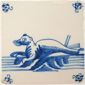 Antique Delft tile with a hunted seal, 17th century