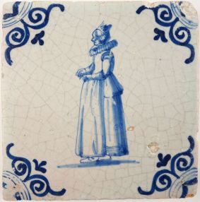 Antique Delft tile with a lady, 17th century