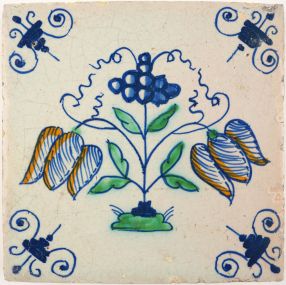 Antique Delft tile with fritillaria & grapes, 17th century