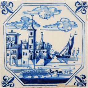 Antique Delft tile with a city, 18th century