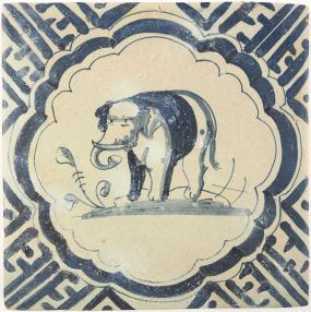 Antique Delft tile with an elephant, 17th century