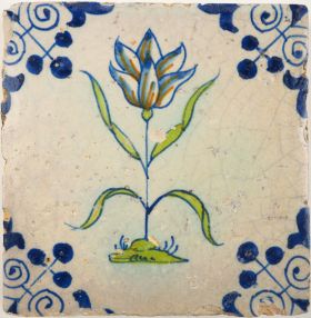 Antique Delft tile with an Tulip, 17th century 