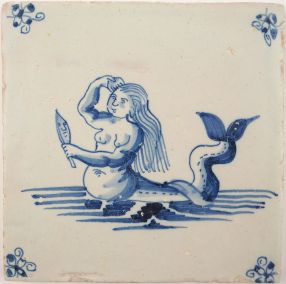 Antique Delft tile with a mermaid, 17th century