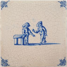 Antique Delft tile the child's play game 'Geve Mecanderen Tienen', 17th century