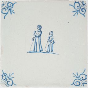 Antique Delft tile with women drinking wine, 17th century
