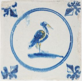 Antique Delft tile with a stork, 17th century