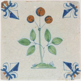 Antique Delft tile with an orange or apple tree, 17th century
