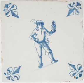 Antique Delft tile with a man bringing out a toast, 17th century