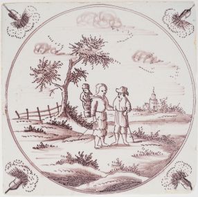 Antique Delft tile with travellers, 18th century