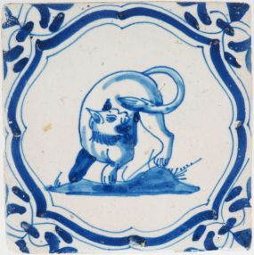 Antique Delft tile with a catlike animal, 17th century