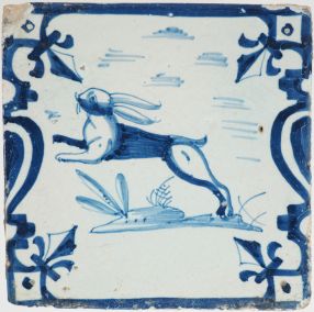 Antique Delft tile with a hare, 17th century