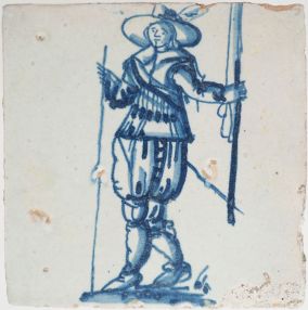 Antique Delft tile with a musketeer, 17th century 