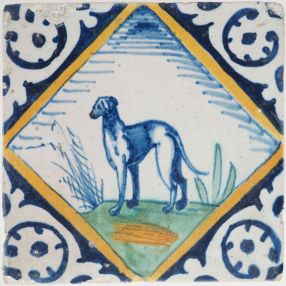 Antique Delft tile with a sighthound, 17th century