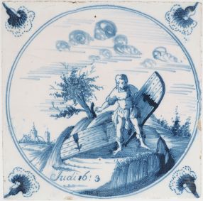 Antique Delft tile with Samson carrying the gates of Gaza, 18th century