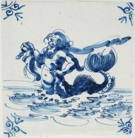 Antique Delft tile with a merman, 17th century