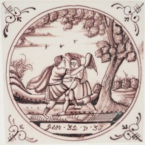 Antique Delft tile depicting the Biblical scene of Jacob wrestling with God, 18th century