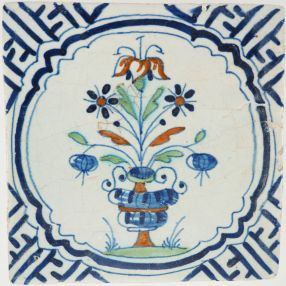 Antique Delft tile with a flowerpot, 17th century
