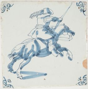 Antique Delft tile with a horseman, 17th century