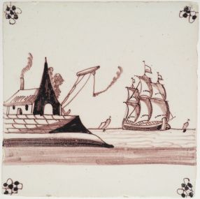 Antique Delft tile with a harbor scene, 19th century