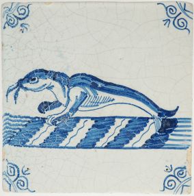 Antique Delft tile with a walrus, 17th century