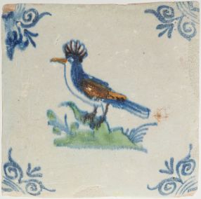 Antique Delft tile with a hoopoe, 17th century
