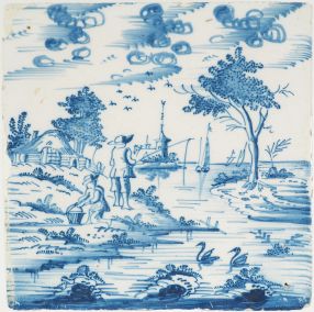 Antique Delft tile wwith two men fishing, 18th century