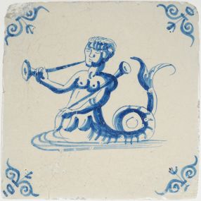 Antique Delft tile with a sea creature blowing a horn, 17th century