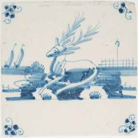Antique Delft tile with a stag, 18th century