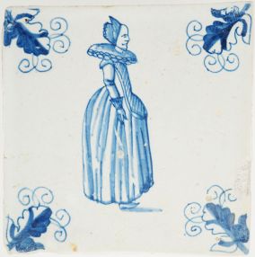 Antique Delft tile with a lady, 17th century