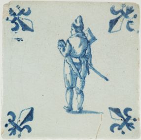 Antique Delft tile with a carpenter, 17th century