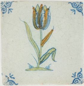 Antique Delft tile with a tulip, 17th century