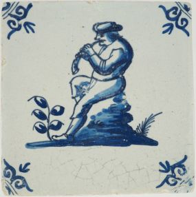 Antique Delft tile with a shepherd, 17th century 